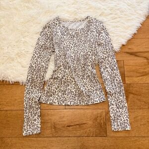 Leopard Print Long Sleeve Top Womens Small Grey Tan Animal Print Slim Fit Tee